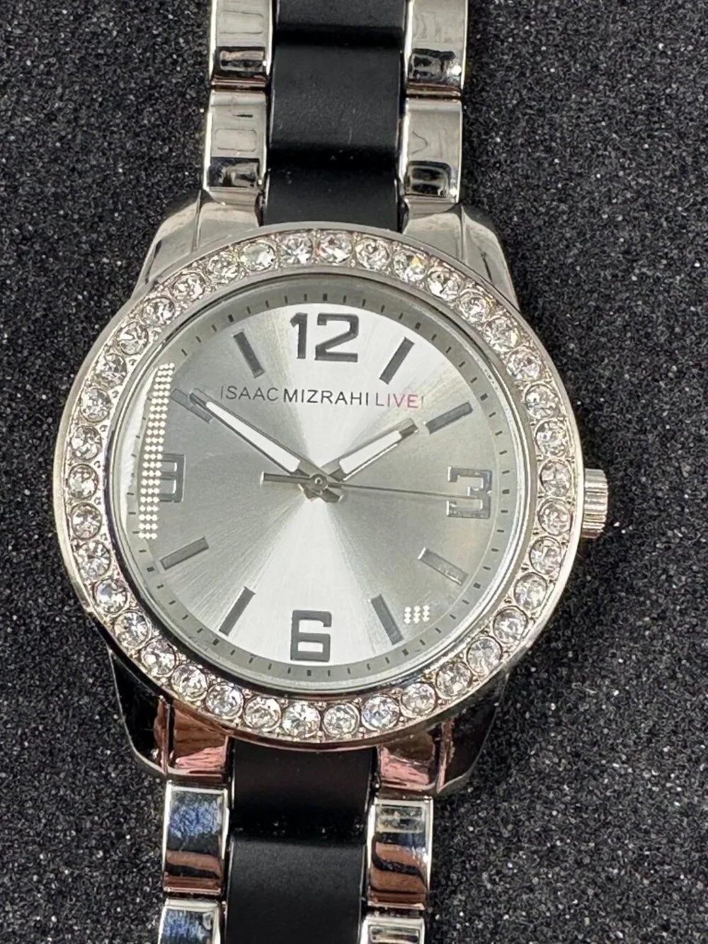 Isaac Mizarhi Live Watch Women Silver Tone Black Crystal Bezel New Battery 6.75